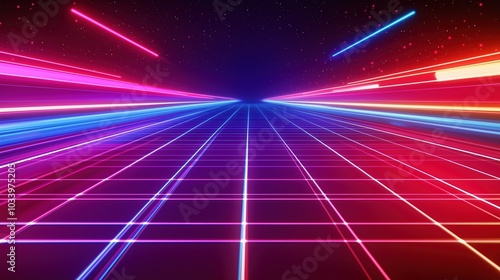 Wallpaper Mural A vibrant 80s retro background featuring a neon grid, glowing laser beams, and a stunning outer space scene. This digital design captures the essence of the retro-futuristic era with bold colors, geom Torontodigital.ca