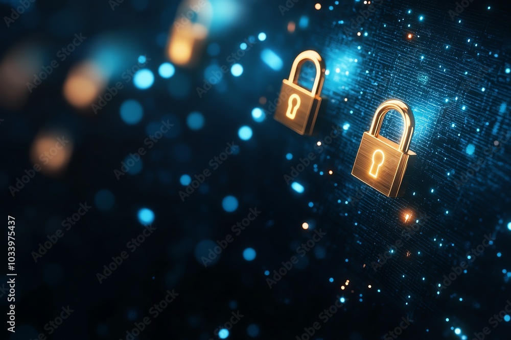 Digital security concept with locks and glowing particles on a dark background. Digital security concept with locks and glowing particles on a dark background.