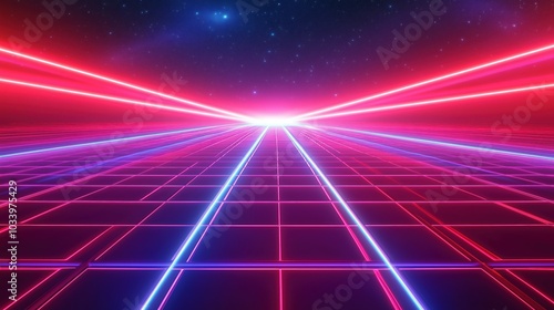 A vibrant 80s retro background featuring a neon grid, glowing laser beams, and a stunning outer space scene. This digital design captures the essence of the retro-futuristic era with bold colors, geom