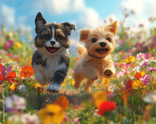 Cat and dog running side by side in colorful spring meadow, vibrant flowers, 3D digital pet characters, puppy and kitten friendship, fantasy background, funny animal art photo