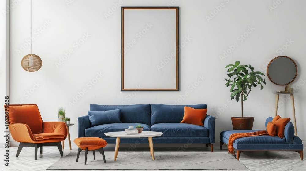 Fototapeta premium Modern Living Room Interior Design with Blue Sofa Orange Pillows and Empty Frame