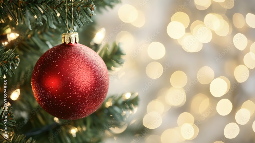 Festive Red Ornament on Christmas Tree Branch Festive Red Ornament on Christmas Tree Branch