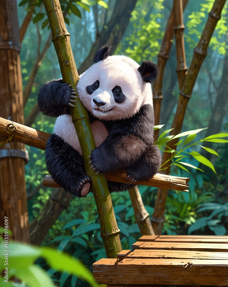 Obraz premium Panda Exploring a Wooden Bridge in Lush Greenery