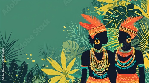 Sierra Leonean traditional attire, tropical backdrop, cultural event, flat design illustration photo