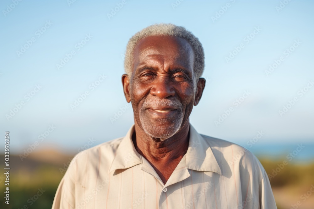 Portrait of a tender afro-american elderly man in his 90s donning a classy polo shirt over serene dune landscape background Portrait of a tender afro-american elderly man in his 90s donning a classy polo shirt over serene dune landscape background