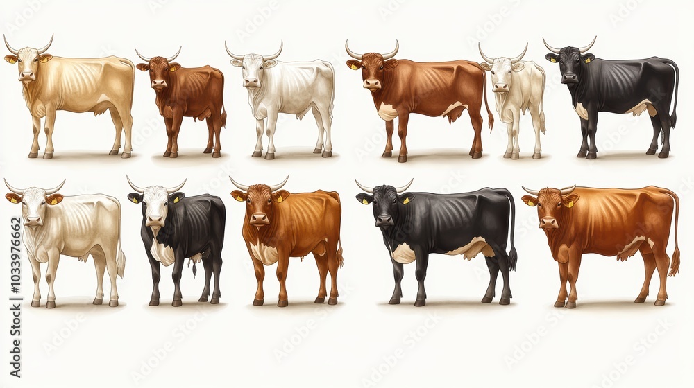 Fototapeta premium Twelve cows of different colors and patterns.