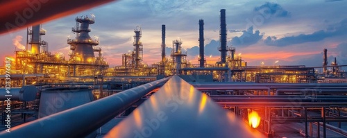 Crude oil refining equipment with distillation columns and pipelines in a modern refinery