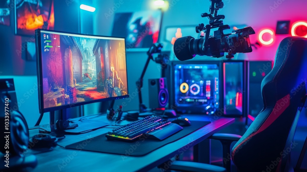 A shot of a professional streaming setup, with cameras, lights, and a vibrant gaming environment A shot of a professional streaming setup, with cameras, lights, and a vibrant gaming environment