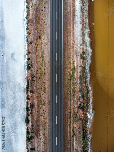 Ruta 40 en Argentina con una increíble vista de salinas donde se aprecia un paisaje de hermosos colores con una toma de drone.