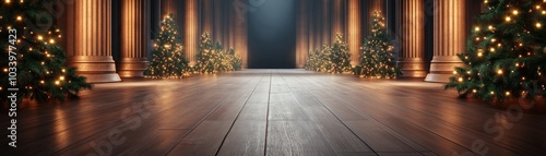 Warm Christmas Lights Glow in Elegant Hallway, Creating Cozy Holiday Cheer, Perfect for Festive Backgrounds, Decorations, and Holiday Card Designs