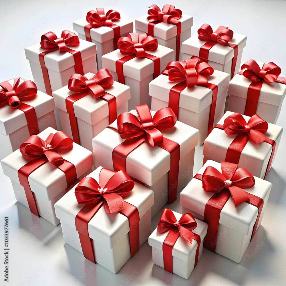 Red and white gift boxes with bows are neatly arranged, Red and white gift boxes with bows are neatly arranged,