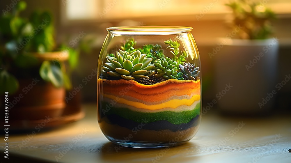 A terrarium in a clear jar with vibrant layers of colored sand, featuring succulents in various shades of green, arranged on top of the sand layers, A terrarium in a clear jar with vibrant layers of colored sand, featuring succulents in various shades of green, arranged on top of the sand layers,