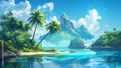 Tropical Paradise Island Beach Palm Trees Turquoise Water Mountains