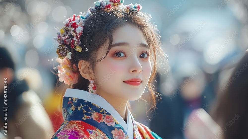 A close-up portrait of a young woman wearing traditional Korean hanbok and a delicate floral hair ornament adorned with snowflakes. A close-up portrait of a young woman wearing traditional Korean hanbok and a delicate floral hair ornament adorned with snowflakes.
