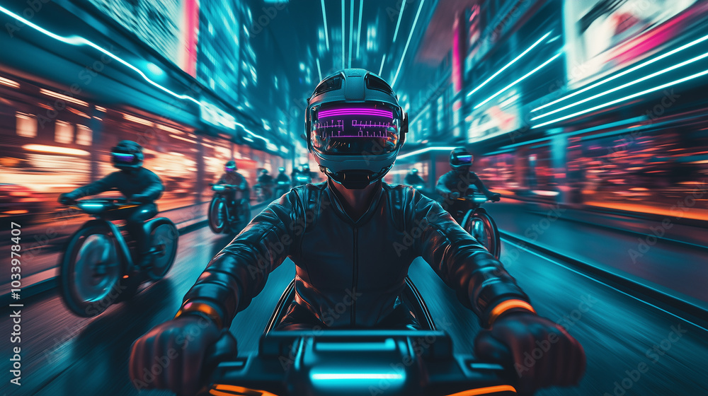 Virtual cycling race through a cyberpunk city
Virtual cycling race through a cyberpunk city
