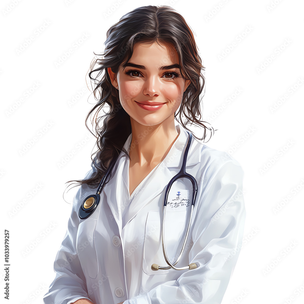 A confident female doctor smiling warmly, wearing a lab coat with a stethoscope around her neck, exuding compassion and expertise. A confident female doctor smiling warmly, wearing a lab coat with a stethoscope around her neck, exuding compassion and expertise.