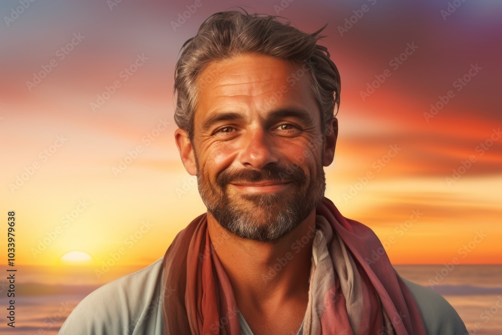 Portrait of a grinning man in his 40s wearing a versatile buff on vibrant beach sunset background Portrait of a grinning man in his 40s wearing a versatile buff on vibrant beach sunset background