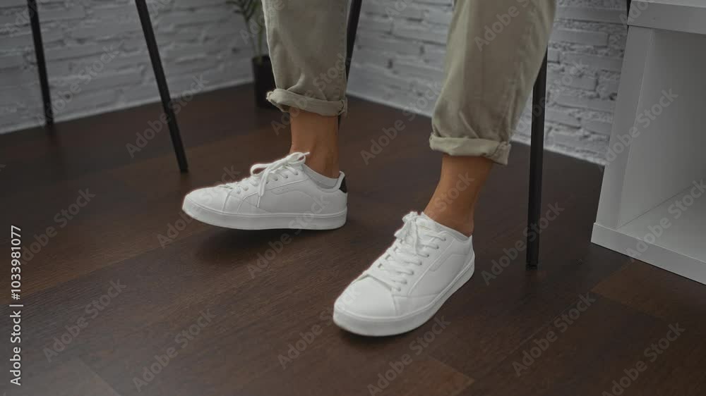 A man wearing white sneakers and khaki pants waits indoors with his feet crossed on a dark wooden floor in a modern room. A man wearing white sneakers and khaki pants waits indoors with his feet crossed on a dark wooden floor in a modern room.