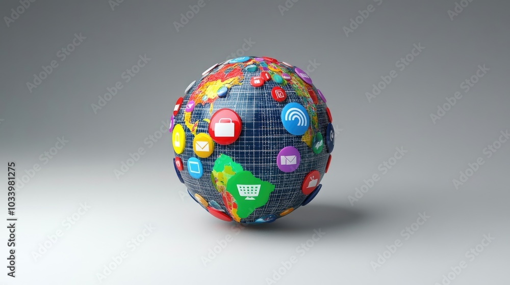 3D globe with search engine icons orbiting around it, symbolizing global internet connectivity 3D globe with search engine icons orbiting around it, symbolizing global internet connectivity