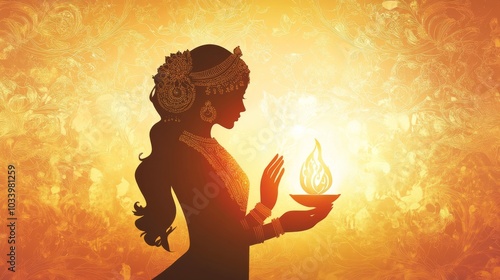 Radiant depiction of Hindu goddess Savitri with glowing lamp, amidst Indian floral patterns photo