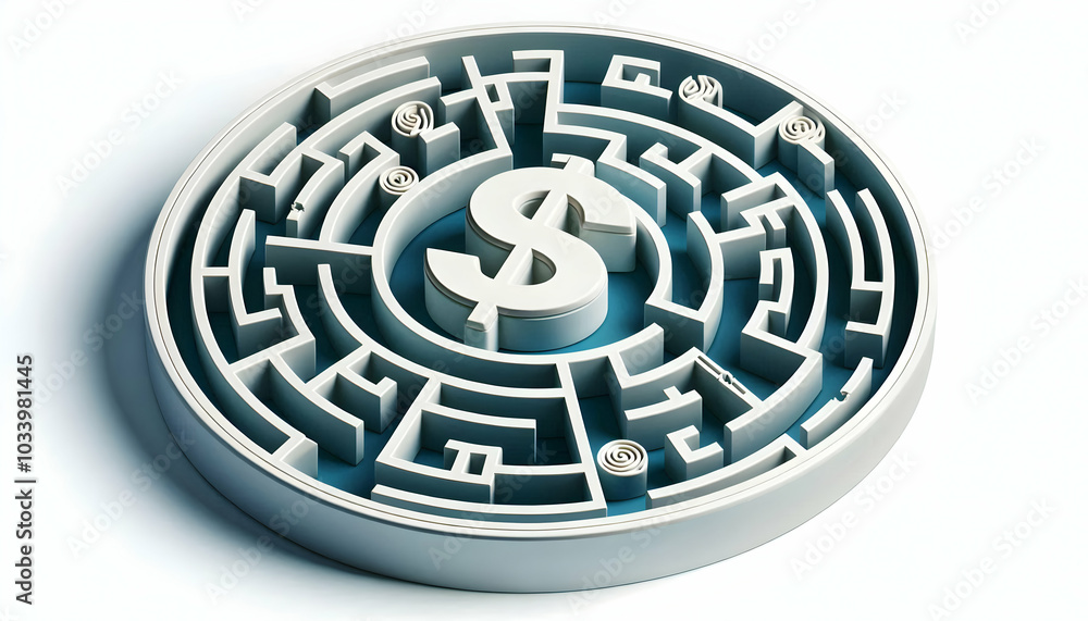 3D Maze with Dollar Sign Center and Paths Concept - Vector Illustration of a Circular Maze Highlighting Successful Routes and Dead Ends, Isolated on White Background 3D Maze with Dollar Sign Center and Paths Concept - Vector Illustration of a Circular Maze Highlighting Successful Routes and Dead Ends, Isolated on White Background