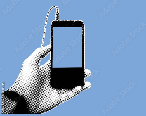Close up of hand holding mobile phone with earphone cable (plug, connection) stereo jack music port pixelate grayscale color halftone dotted texture style collage element isolated on blue background