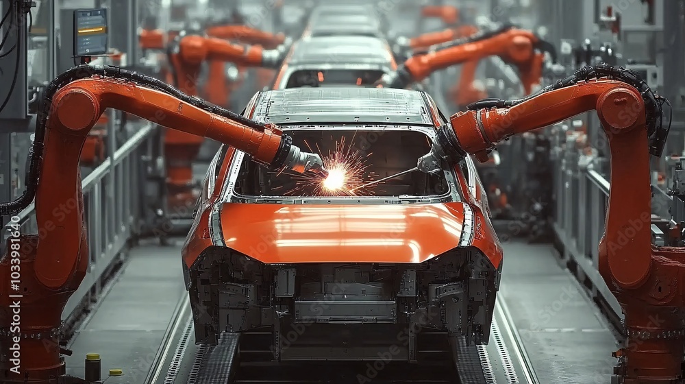 Robotic Arms Welding Automotive Parts in Factory Setting Robotic Arms Welding Automotive Parts in Factory Setting