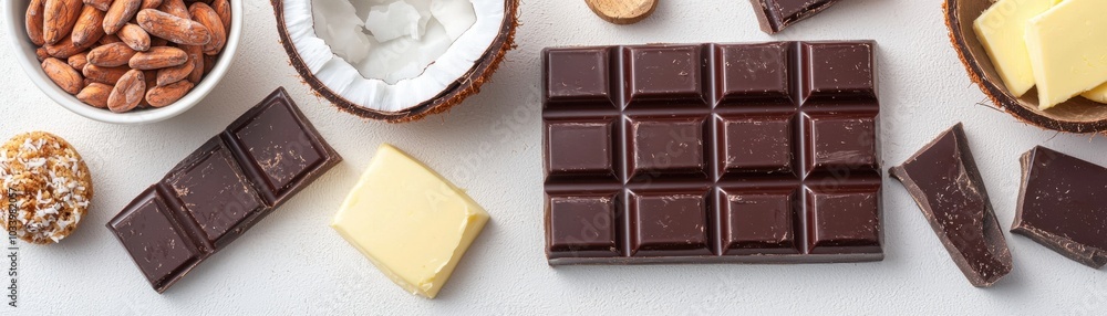 A top-down view of assorted chocolates with dark chocolate bars white chocolate nuts and coconut flakes arranged aesthetically on a light surface A top-down view of assorted chocolates with dark chocolate bars white chocolate nuts and coconut flakes arranged aesthetically on a light surface