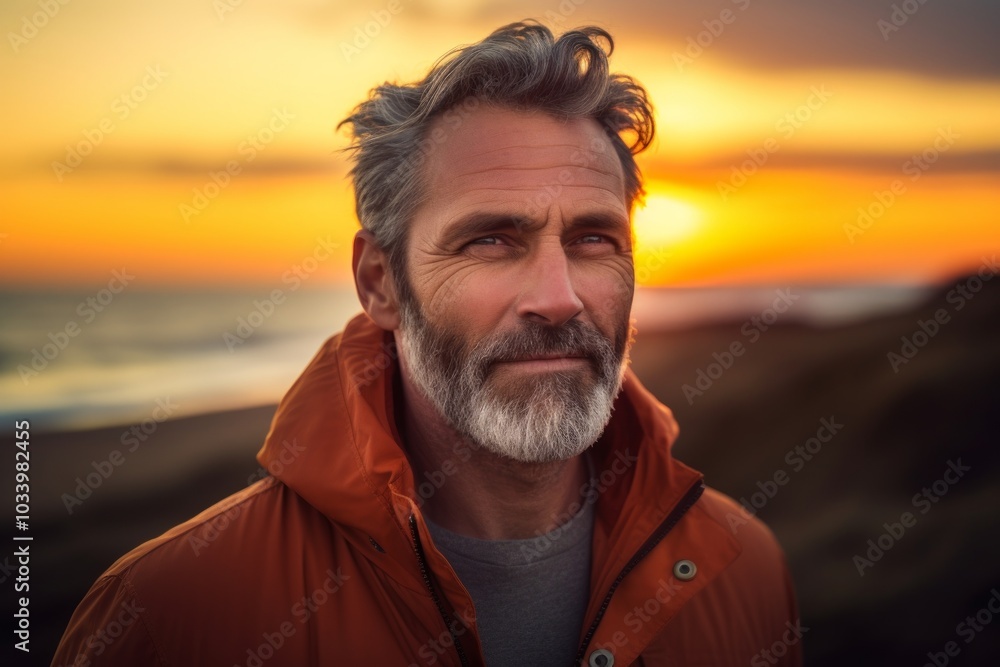 Portrait of a satisfied man in his 50s wearing a thermal fleece pullover over vibrant beach sunset background Portrait of a satisfied man in his 50s wearing a thermal fleece pullover over vibrant beach sunset background