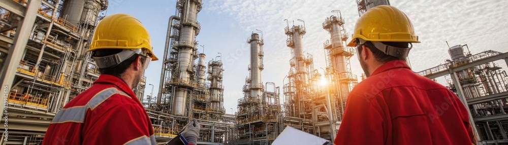 Refinery maintenance workers ensuring the safety and efficiency of fuel processing equipment Refinery maintenance workers ensuring the safety and efficiency of fuel processing equipment