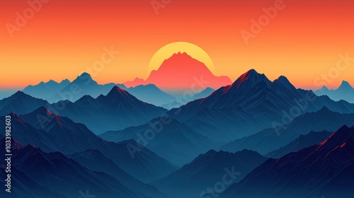 Sun sets over a mountain range.