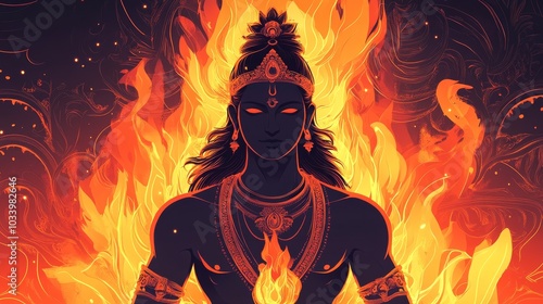 Divine Presence of Hindu God Agni Amidst Flames in Traditional Indian Setting photo