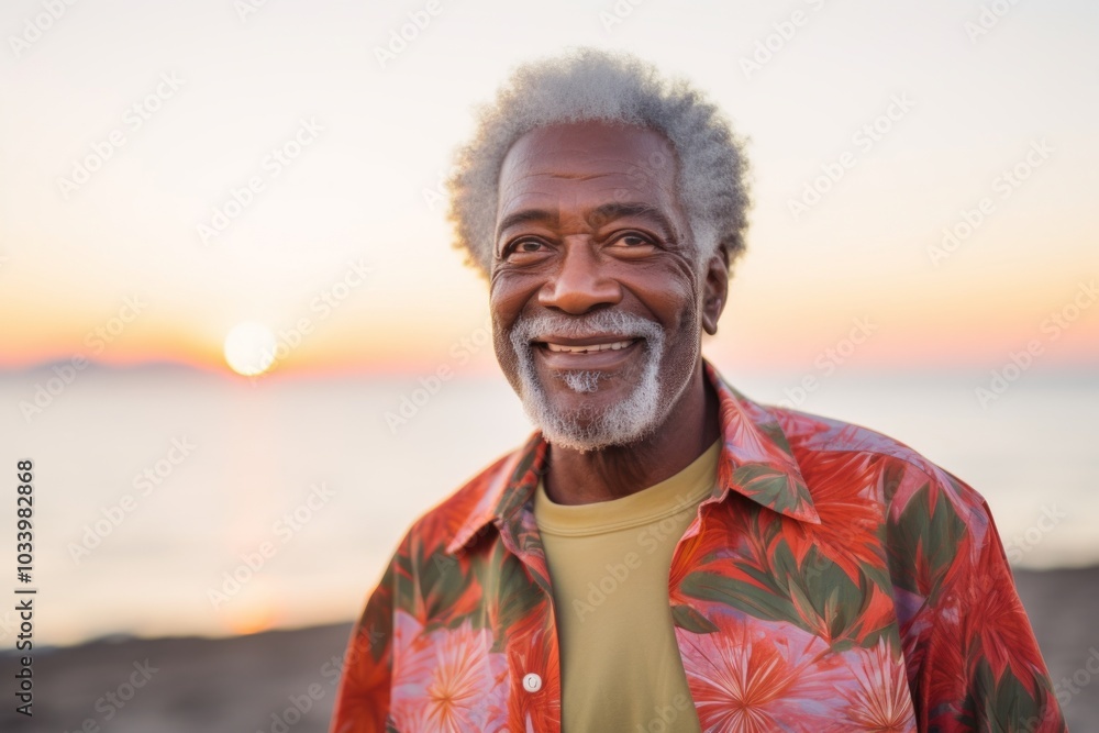Portrait of a glad afro-american man in his 70s wearing a comfy flannel shirt while standing against vibrant beach sunset background Portrait of a glad afro-american man in his 70s wearing a comfy flannel shirt while standing against vibrant beach sunset background