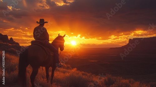 Cowboy at Sunset Overlooking Canyon