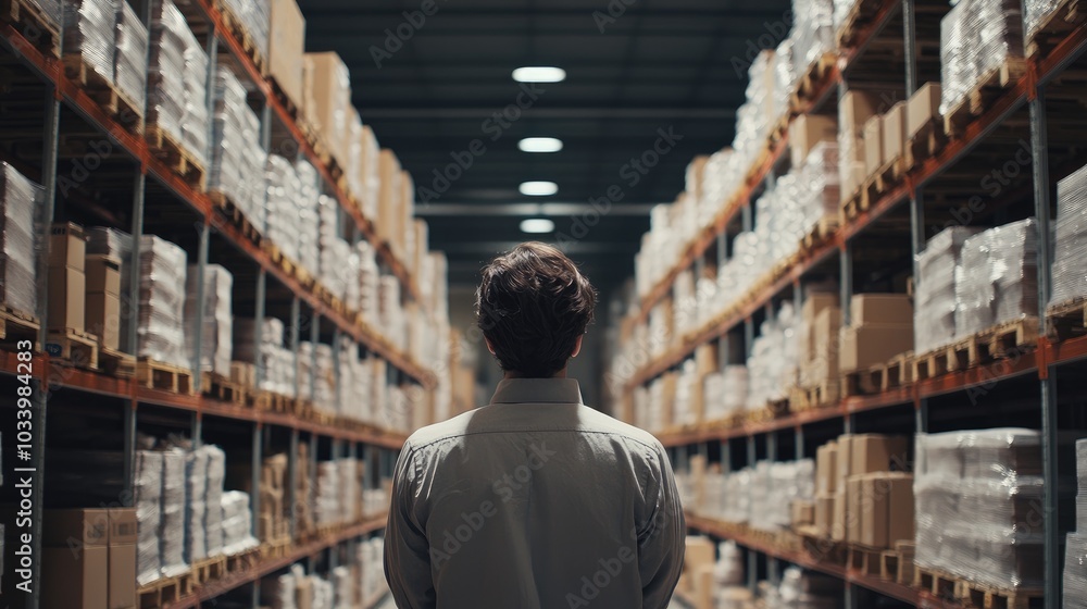 Employee examining the arrangement of goods on racks, large warehouse, back view Employee examining the arrangement of goods on racks, large warehouse, back view
