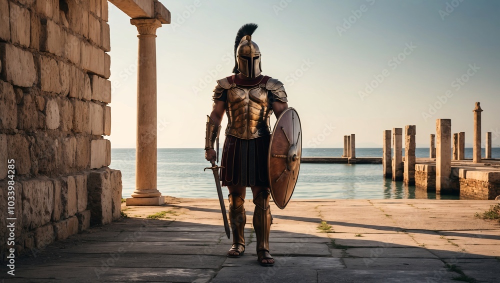 Naklejka premium Silent Warrior in Full Armor by the Serene Sea