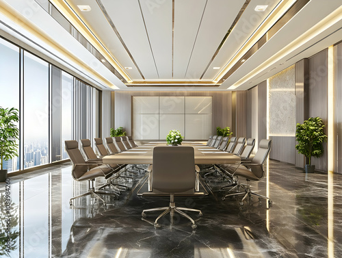 Modern conference room with a large table, sleek design, and city view. photo