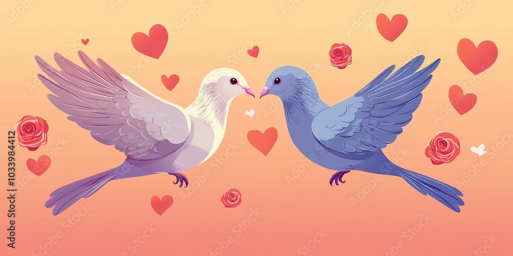 Two doves facing each other, hearts, roses. Two doves facing each other, hearts, roses.
