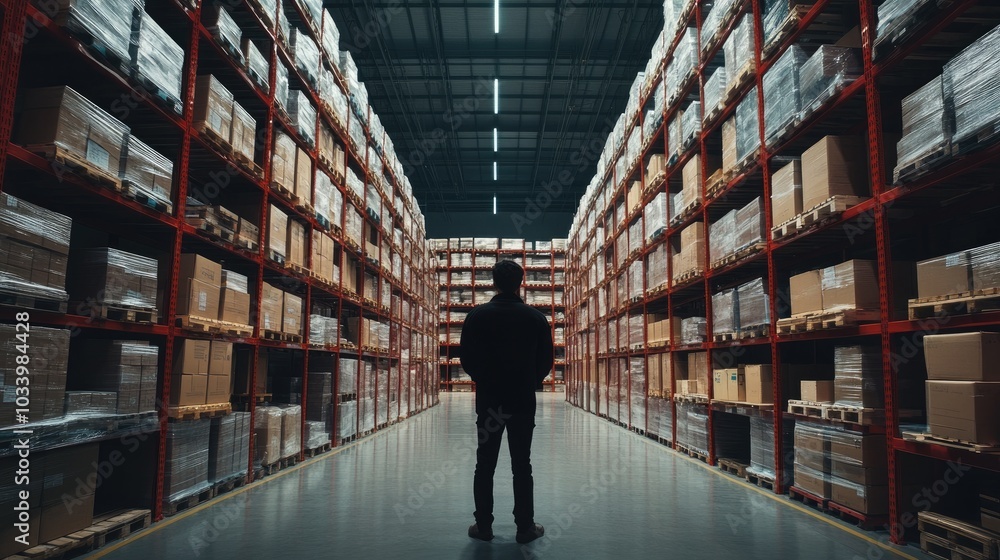 Employee examining the arrangement of goods on racks, large warehouse, back view Employee examining the arrangement of goods on racks, large warehouse, back view