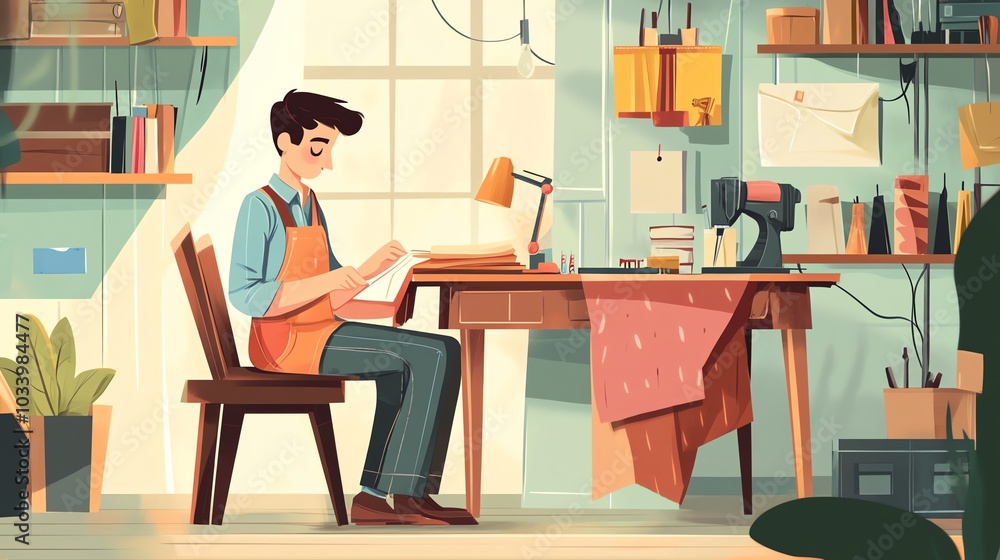 Man reading in a cozy workshop with sewing machine and books. Man reading in a cozy workshop with sewing machine and books.