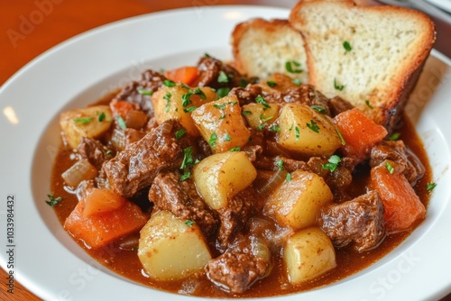 A bowl of savory stew served with fresh bread on a clean white plate