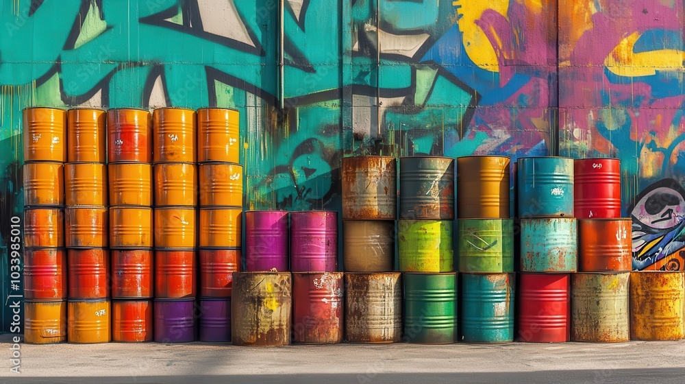 A stack of colorful oil barrels against the background of graffiti in an urban setting A stack of colorful oil barrels against the background of graffiti in an urban setting
