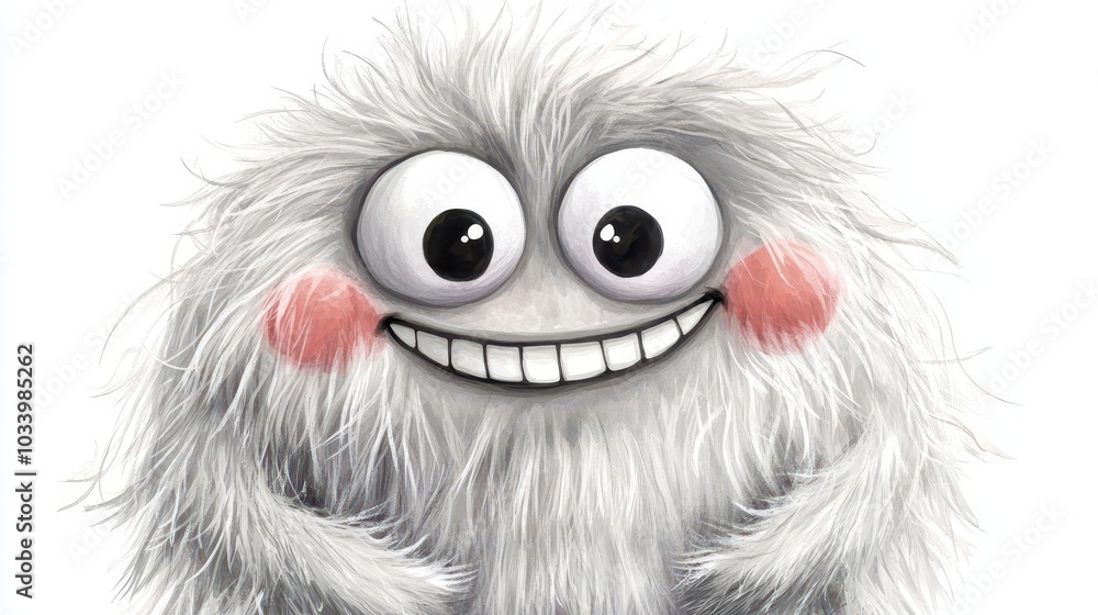 Fototapeta premium Fluffy monster with a big smile, rosy cheeks, isolated background, watercolor style
