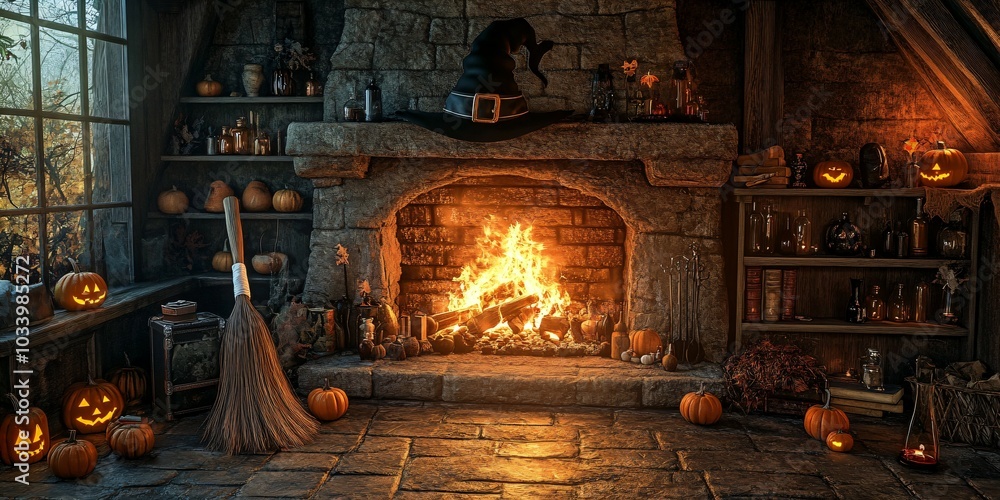 Halloween interior with witch hat and broom near the fireplace