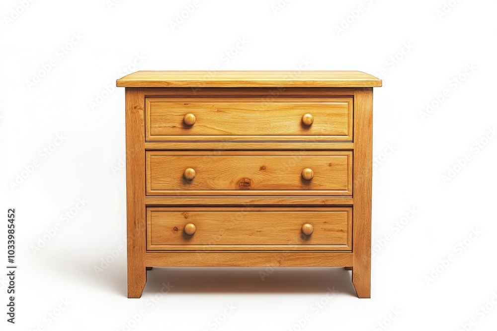 A wooden chest of drawers on a white background A wooden chest of drawers on a white background