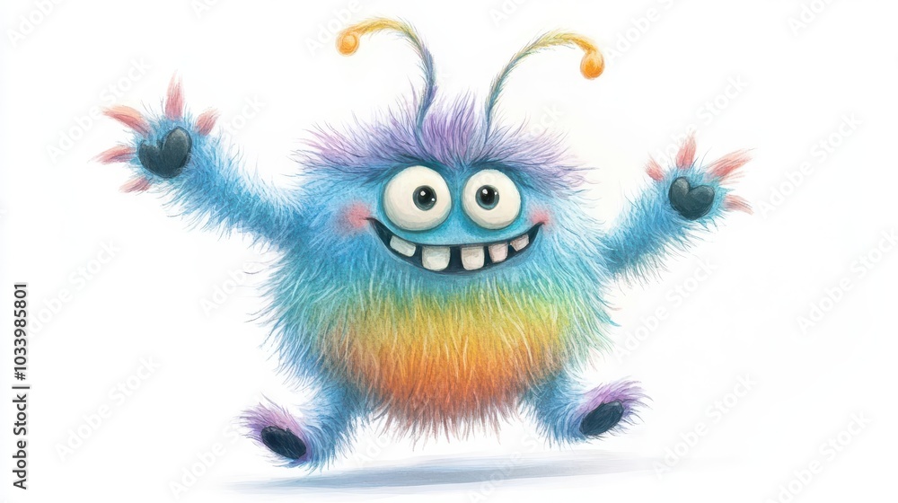 Furry monster with playful antennae, bouncing happily, watercolor style Furry monster with playful antennae, bouncing happily, watercolor style