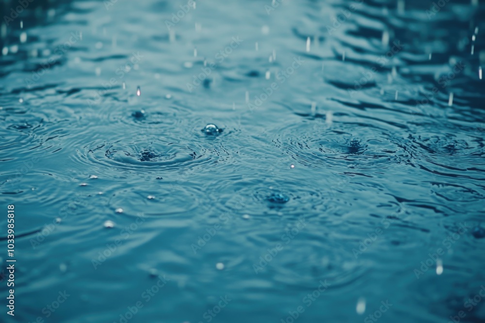 A close-up shot of the blue water surface with raindrops A close-up shot of the blue water surface with raindrops