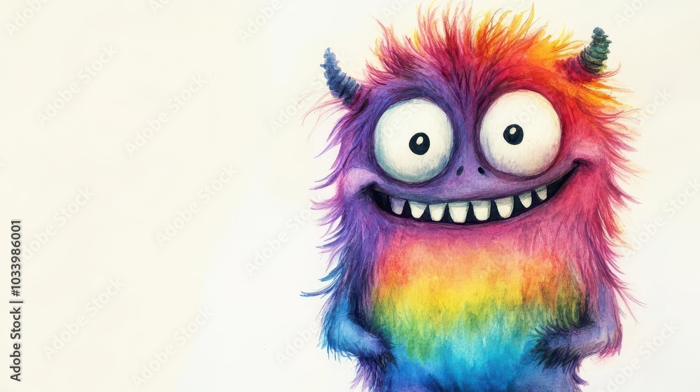 Little monster with rainbow fur, beaming smile, watercolor style Little monster with rainbow fur, beaming smile, watercolor style