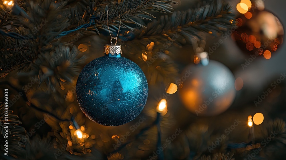 Sparkling Blue Christmas Ornament on a Tree Sparkling Blue Christmas Ornament on a Tree
