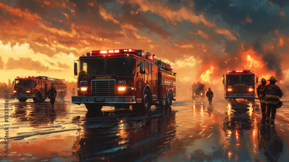 Firefighters with fire trucks Firefighters with fire trucks